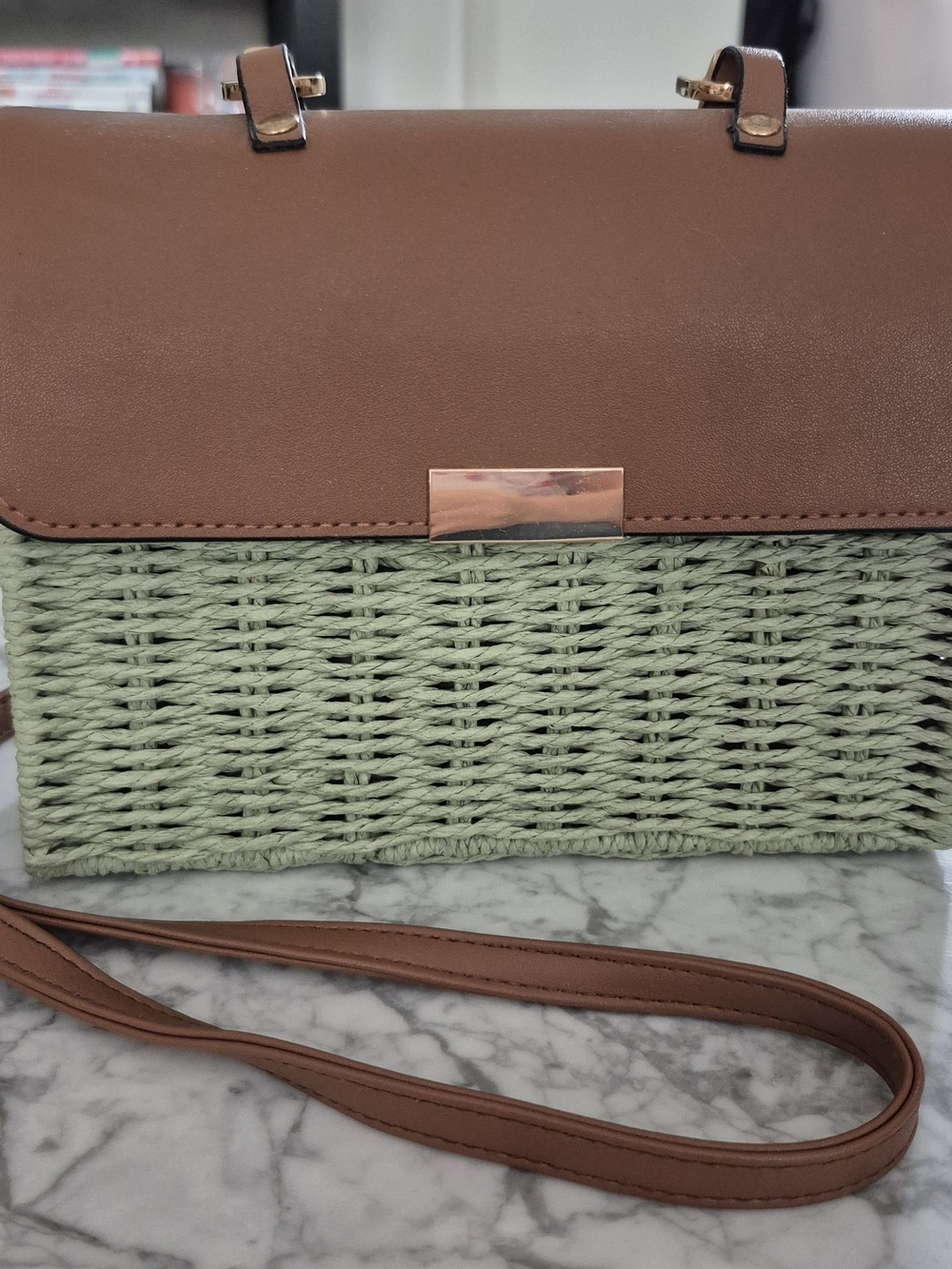 Straw Crossbody Bag with Brown Trim